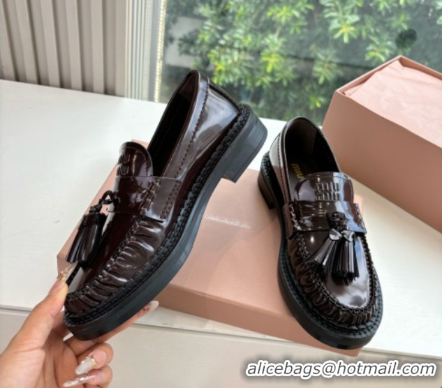 Good Looking Miu Miu Shiny Calfskin Loafers with Tassel Dark Brown 090601