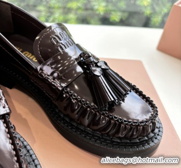Good Looking Miu Miu Shiny Calfskin Loafers with Tassel Dark Brown 090601