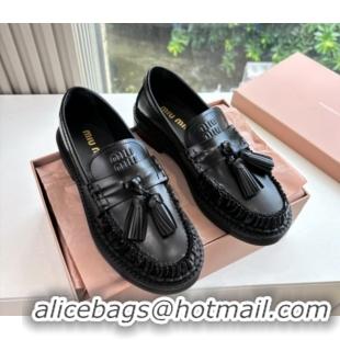 Top Grade Miu Miu Smooth Calfskin Loafers with Tassel Black 090602