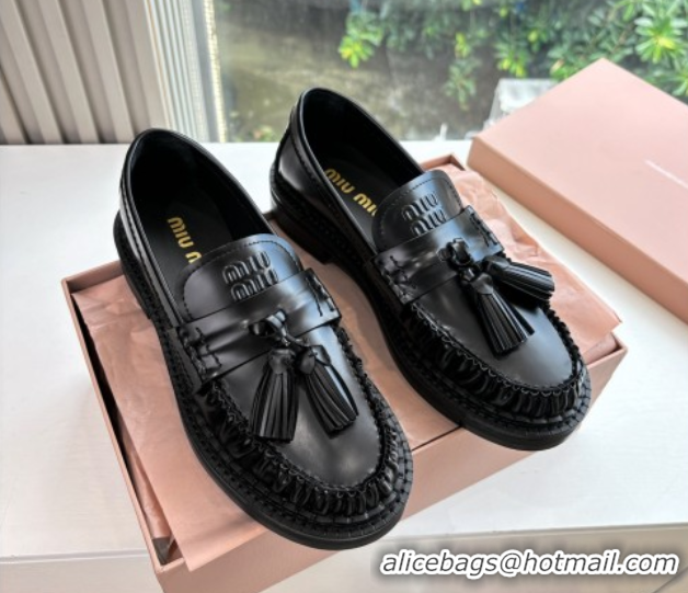 Top Grade Miu Miu Smooth Calfskin Loafers with Tassel Black 090602