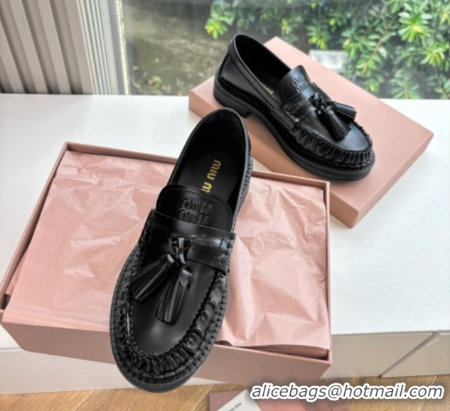 Top Grade Miu Miu Smooth Calfskin Loafers with Tassel Black 090602
