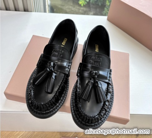 Top Grade Miu Miu Smooth Calfskin Loafers with Tassel Black 090602