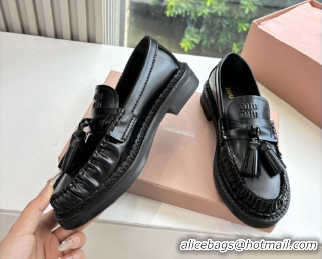Top Grade Miu Miu Smooth Calfskin Loafers with Tassel Black 090602
