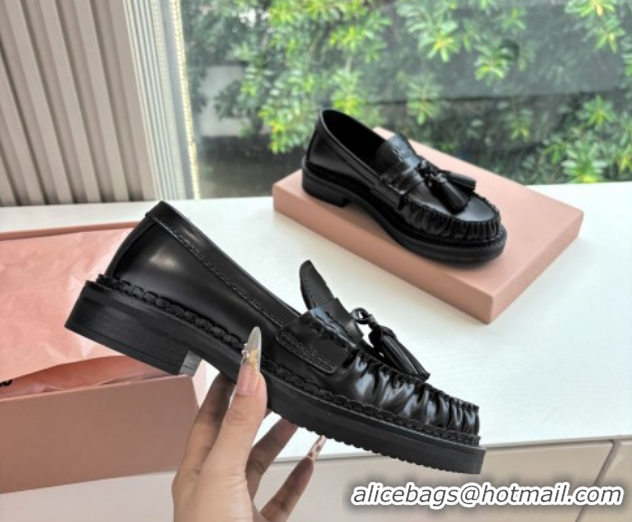 Top Grade Miu Miu Smooth Calfskin Loafers with Tassel Black 090602