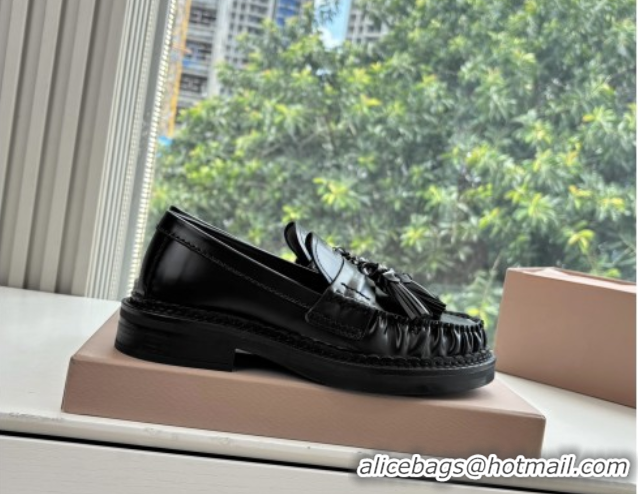 Top Grade Miu Miu Smooth Calfskin Loafers with Tassel Black 090602