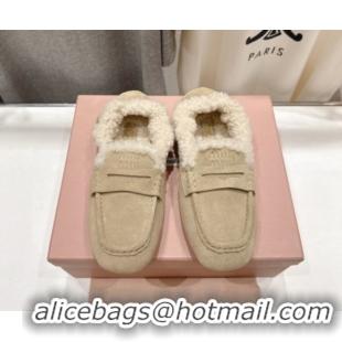 Good Product Miu Miu Ruches Suede Loafers with Shearling Beige 090603
