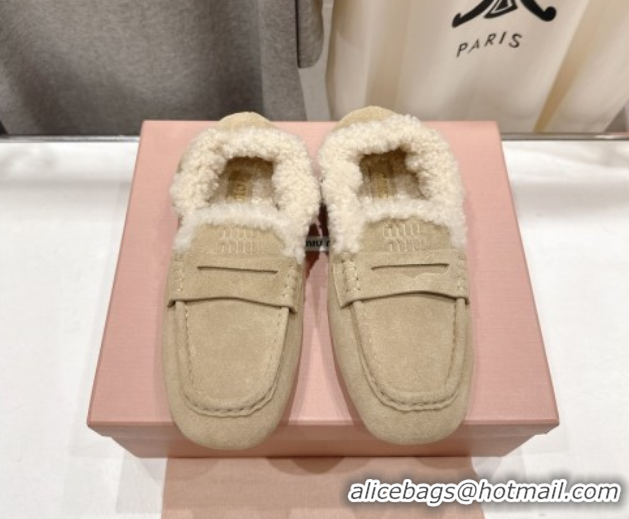 Good Product Miu Miu Ruches Suede Loafers with Shearling Beige 090603