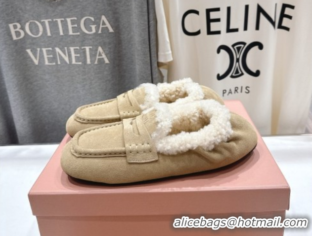 Good Product Miu Miu Ruches Suede Loafers with Shearling Beige 090603