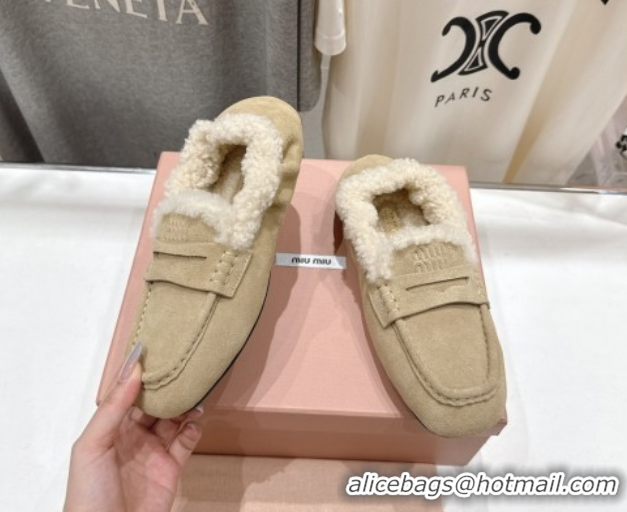 Good Product Miu Miu Ruches Suede Loafers with Shearling Beige 090603