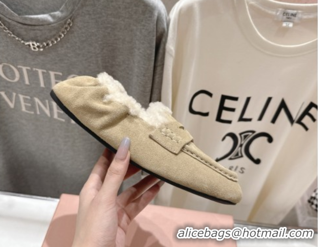 Good Product Miu Miu Ruches Suede Loafers with Shearling Beige 090603