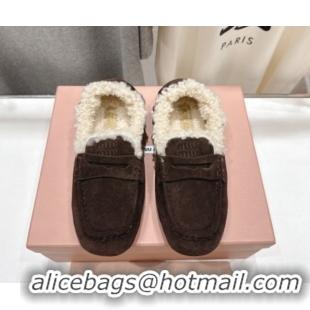 Luxury Cheap Miu Miu Ruches Suede Loafers with Shearling Dark Brown 090604