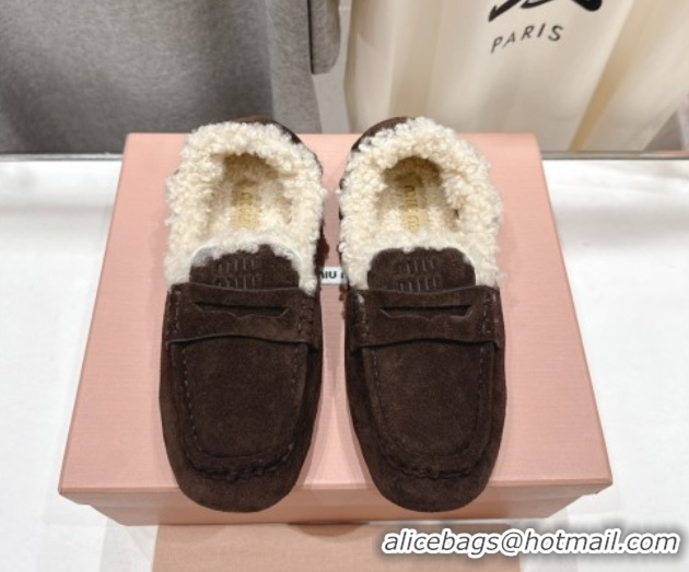 Luxury Cheap Miu Miu Ruches Suede Loafers with Shearling Dark Brown 090604
