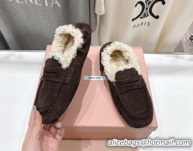 Luxury Cheap Miu Miu Ruches Suede Loafers with Shearling Dark Brown 090604