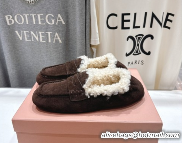 Luxury Cheap Miu Miu Ruches Suede Loafers with Shearling Dark Brown 090604