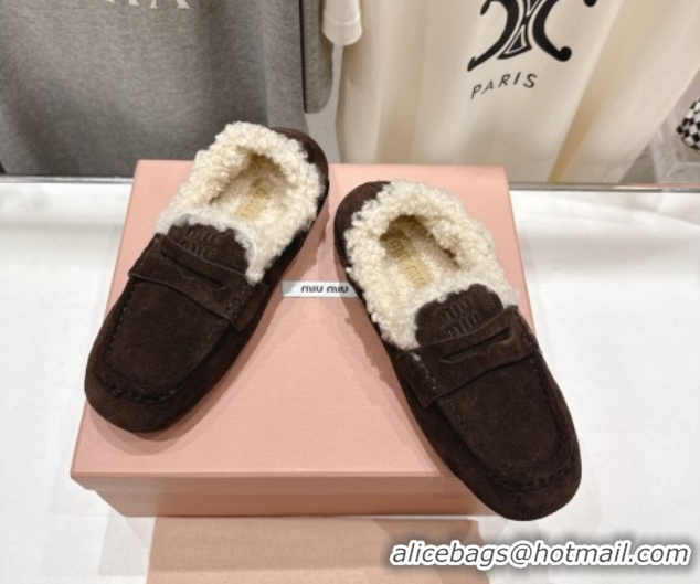 Luxury Cheap Miu Miu Ruches Suede Loafers with Shearling Dark Brown 090604