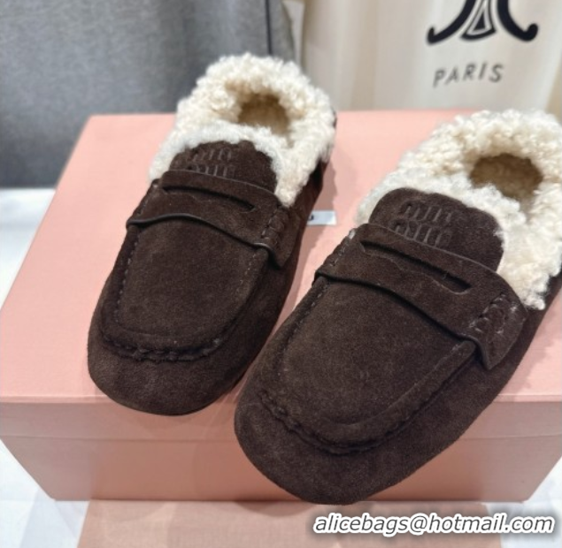 Luxury Cheap Miu Miu Ruches Suede Loafers with Shearling Dark Brown 090604