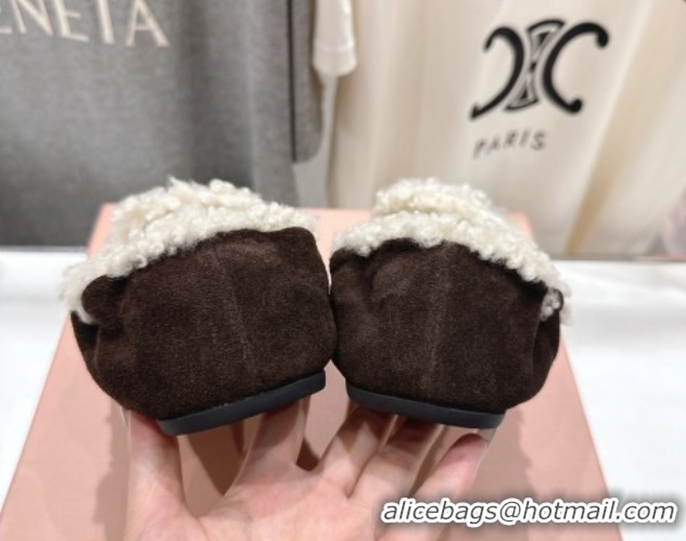 Luxury Cheap Miu Miu Ruches Suede Loafers with Shearling Dark Brown 090604