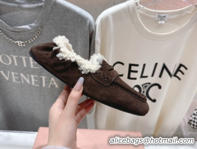 Luxury Cheap Miu Miu Ruches Suede Loafers with Shearling Dark Brown 090604