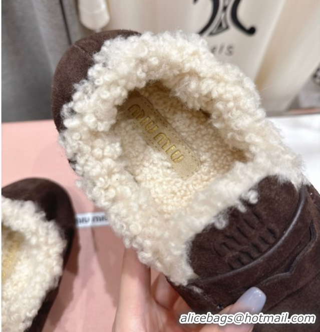 Luxury Cheap Miu Miu Ruches Suede Loafers with Shearling Dark Brown 090604