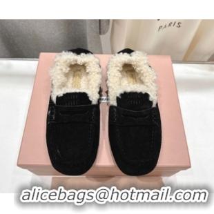 Popular Style Miu Miu Ruches Suede Loafers with Shearling Black 090605
