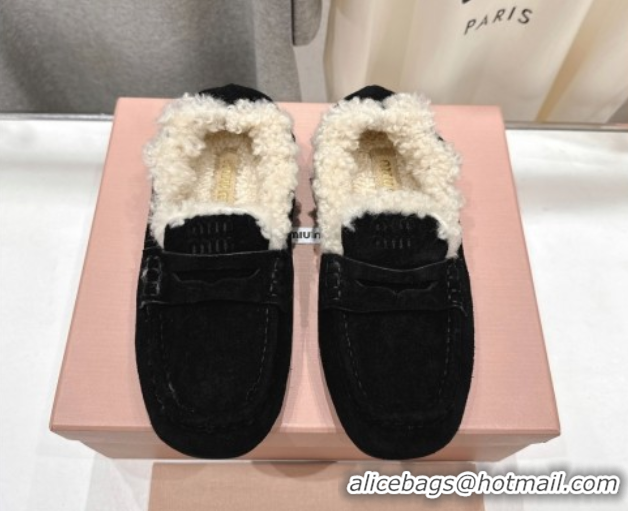 Popular Style Miu Miu Ruches Suede Loafers with Shearling Black 090605