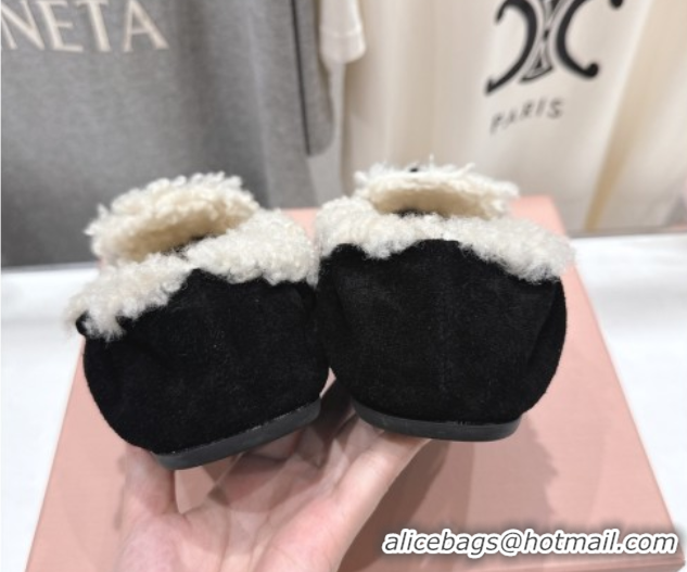 Popular Style Miu Miu Ruches Suede Loafers with Shearling Black 090605