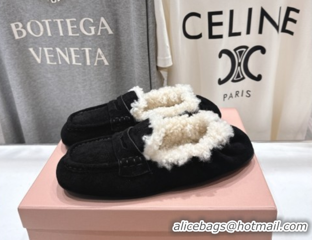 Popular Style Miu Miu Ruches Suede Loafers with Shearling Black 090605