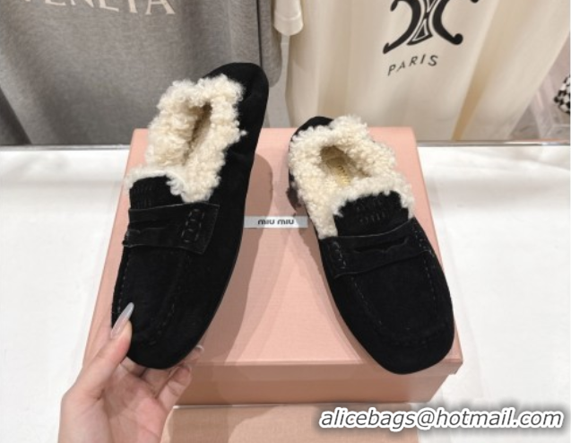 Popular Style Miu Miu Ruches Suede Loafers with Shearling Black 090605