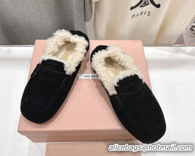 Popular Style Miu Miu Ruches Suede Loafers with Shearling Black 090605