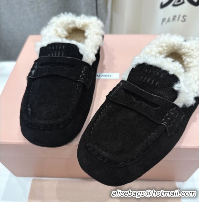 Popular Style Miu Miu Ruches Suede Loafers with Shearling Black 090605