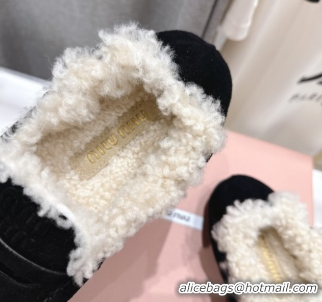 Popular Style Miu Miu Ruches Suede Loafers with Shearling Black 090605