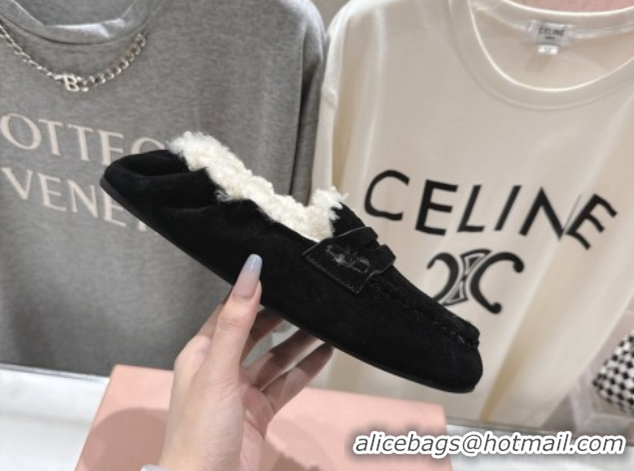 Popular Style Miu Miu Ruches Suede Loafers with Shearling Black 090605