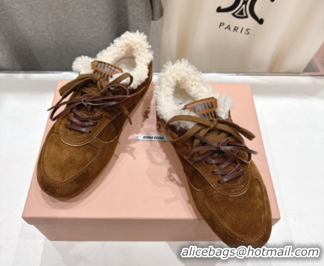 Durable Miu Miu Gymnasium Sneakers in Suede and Wool Brown 1024081