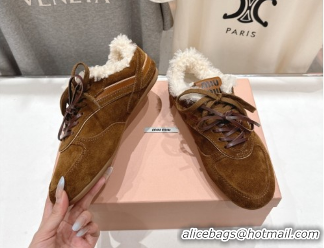 Durable Miu Miu Gymnasium Sneakers in Suede and Wool Brown 1024081