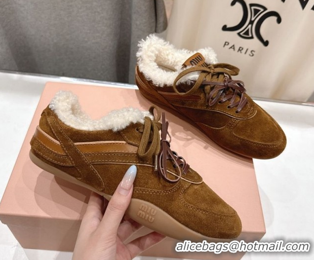 Durable Miu Miu Gymnasium Sneakers in Suede and Wool Brown 1024081