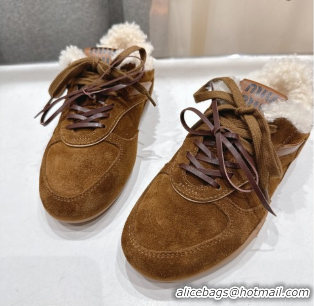 Durable Miu Miu Gymnasium Sneakers in Suede and Wool Brown 1024081