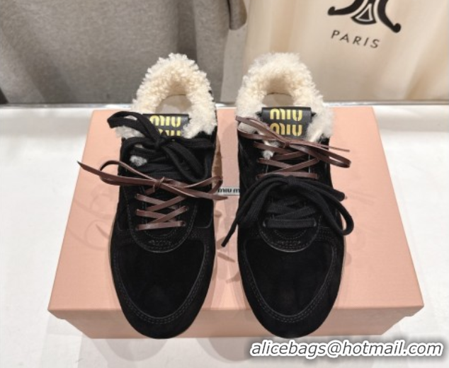 Charming Miu Miu Gymnasium Sneakers in Suede and Wool Black 1024082
