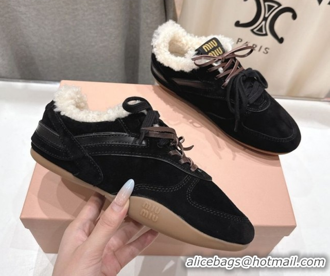 Charming Miu Miu Gymnasium Sneakers in Suede and Wool Black 1024082