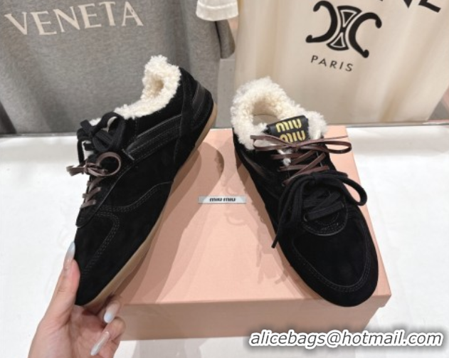 Charming Miu Miu Gymnasium Sneakers in Suede and Wool Black 1024082