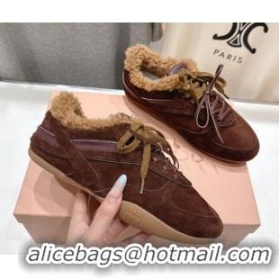 Top Design Miu Miu Gymnasium Sneakers in Suede and Wool Dark Brown 1024083