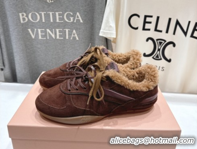 Top Design Miu Miu Gymnasium Sneakers in Suede and Wool Dark Brown 1024083