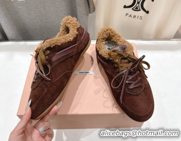 Top Design Miu Miu Gymnasium Sneakers in Suede and Wool Dark Brown 1024083