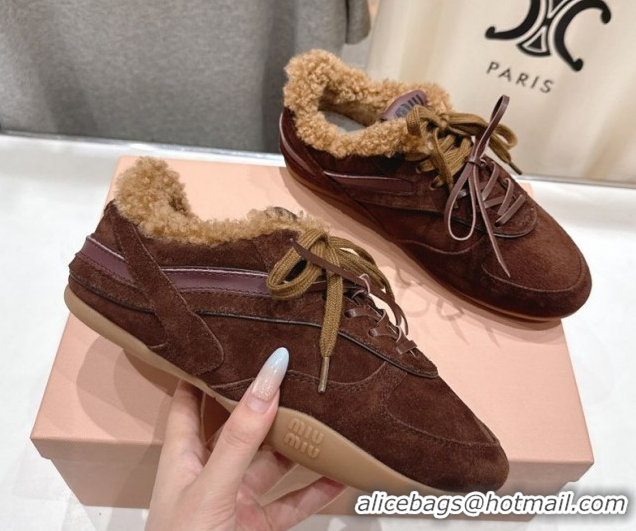 Top Design Miu Miu Gymnasium Sneakers in Suede and Wool Dark Brown 1024083