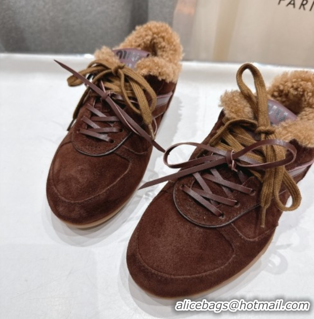 Top Design Miu Miu Gymnasium Sneakers in Suede and Wool Dark Brown 1024083