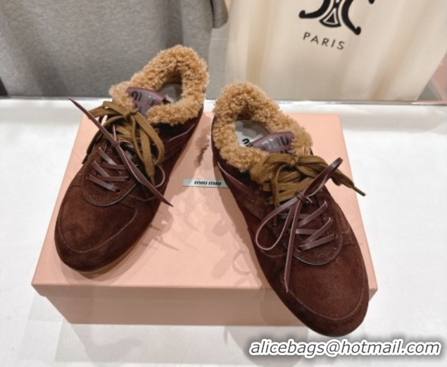 Top Design Miu Miu Gymnasium Sneakers in Suede and Wool Dark Brown 1024083