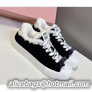 Luxury Discount Miu Miu Suede and Wool Sneakers with Bow Black 1024087