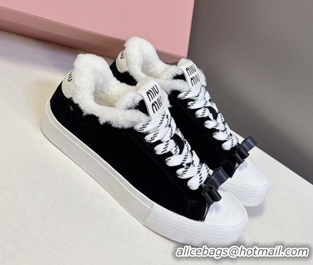 Luxury Discount Miu Miu Suede and Wool Sneakers with Bow Black 1024087