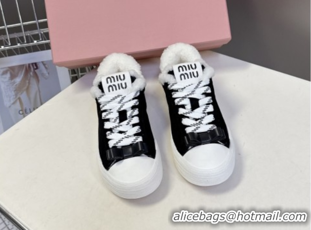 Luxury Discount Miu Miu Suede and Wool Sneakers with Bow Black 1024087
