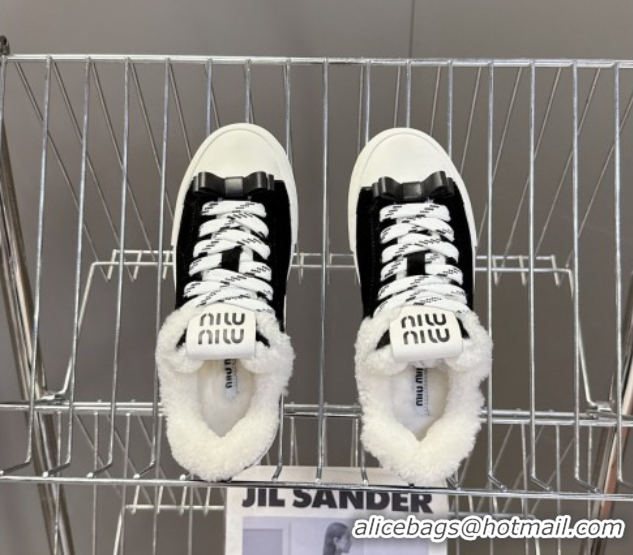 Luxury Discount Miu Miu Suede and Wool Sneakers with Bow Black 1024087