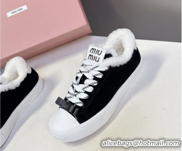 Luxury Discount Miu Miu Suede and Wool Sneakers with Bow Black 1024087